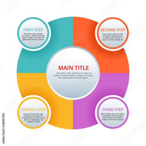 4 steps infographics (four points) with colorful diagram segments in symmetric composition and with sample text - vector scheme template