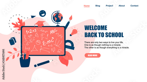 Welcome back to school concept. School board with formula and school supplies.