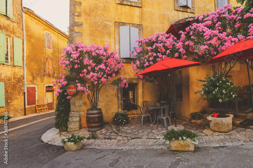 France Provence street, ancient houses with green plant and blooming flowers