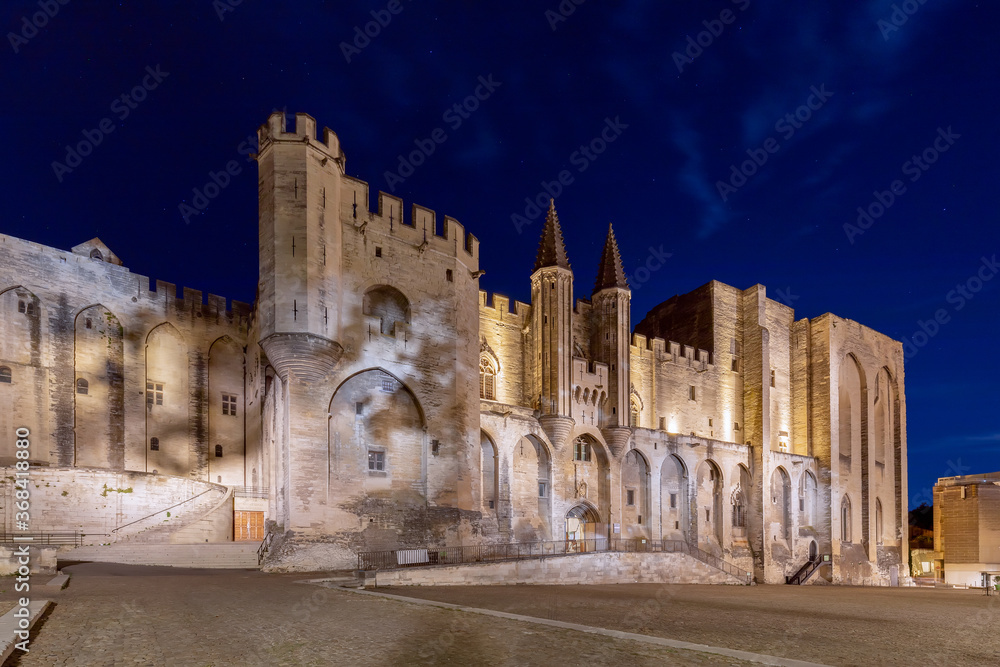 Beautiful night view of the Palace of the Popes in the city of Avignon under the starry sky