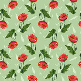 Seamless pattern with red poppies on a light green grassy background.
