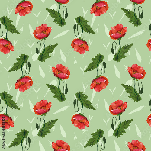 Seamless pattern with red poppies on a light green grassy background.