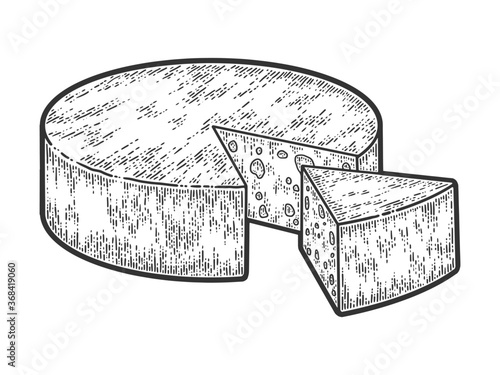 Head of cheese sliced. Sketch scratch board imitation. Black and white.