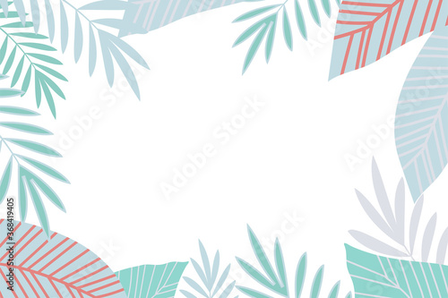 Rectangular frame with palm leaves. Blue, pink, leaves on white background.