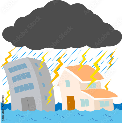 Buildings and houses damaged by heavy rain and flood