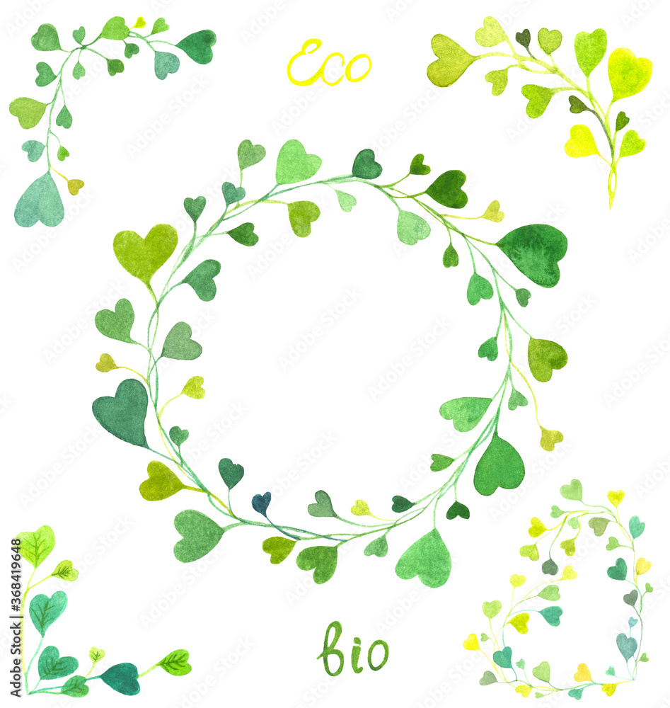 Watercolor illustration, a set of frames and a wreath with green leaves on a white background, summer, eco, background, twig frame Watercolor illustration, a set of frames and a wreath with green leaves on a white background, summer, eco, background, twig frame