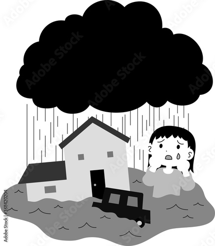 Monochrome Town affected by heavy rain and flood