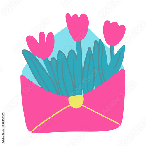 A cute open envelope with tulip flowers in flat cartoon style. Hand drawn vector illustration isolated on white background. Yellow  turquoise and pink colors. Great for kids design.