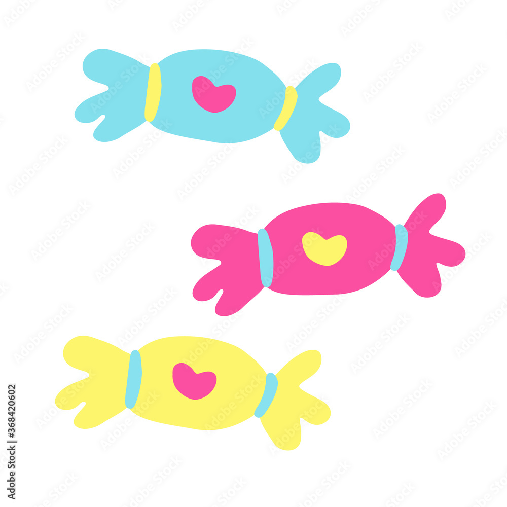 Candy in wrapper. Hand drawn vector illustration isolated on white background. Yellow, turquoise and pink colors. Great for kids design. Candy in wrapper. Hand drawn vector illustration isolated on white background. Yellow, turquoise and pink colors. Great for kids design.