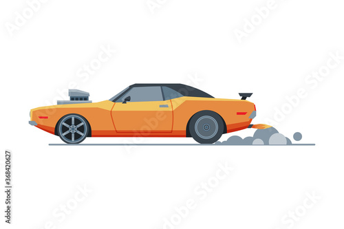 Fototapeta Naklejka Na Ścianę i Meble -  Orange Sport Racing Car, Side View, Retro Fast Motor Racing Vehicle Vector Illustration