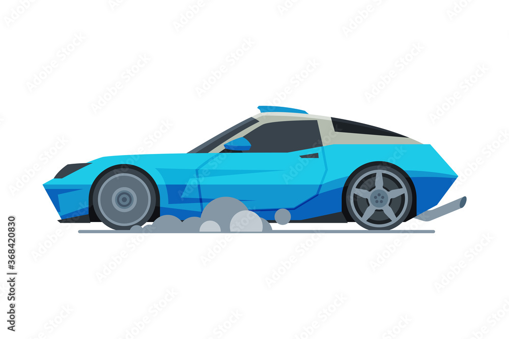 Blue Sport Racing Car, Side View, Fast Motor Racing Vehicle Vector Illustration