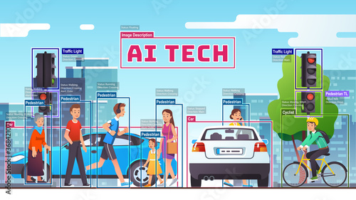 City crossing through eyes of AI computer vision