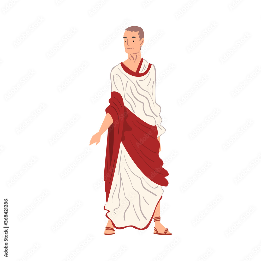 Roman Man in Traditional Clothes, Ancient Rome Citizen Character in White and Red Tunic And Sandals Vector Illustration