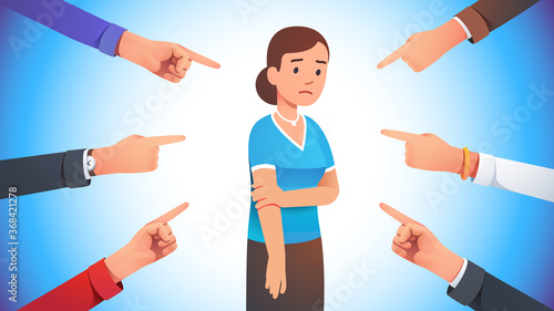 Sad woman surrounded by hands pointing her out