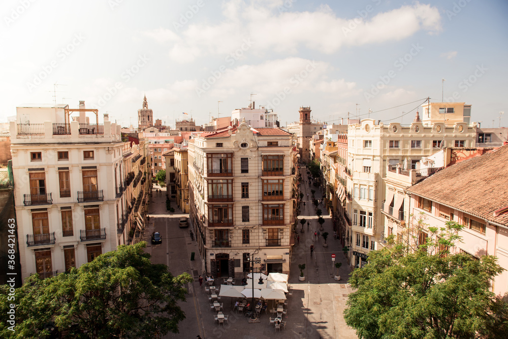 Panoramic view from above to the historic center o the city of Valencia. The Miguelete in the background.