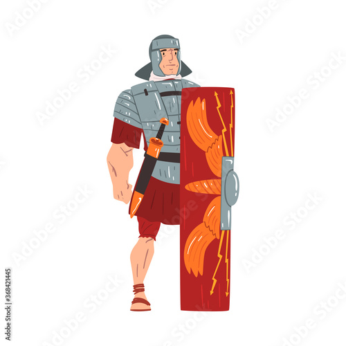 Ancient Rome Warrior, Male Roman Legionnaire Character with Sword and Shield Vector Illustration