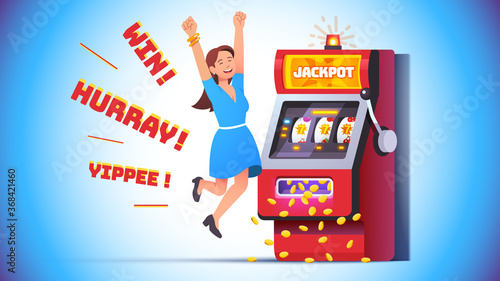 Slot machine jackpot win. Lucky woman celebrating