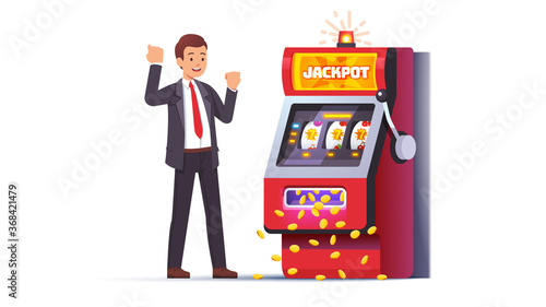 Slot machine jackpot win. Lucky man celebrating