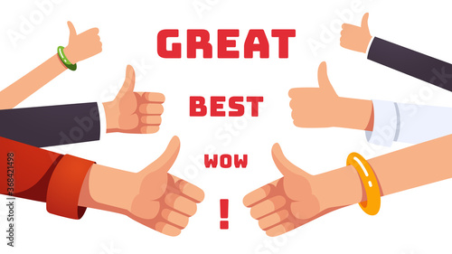 Many thumbs up gesturing hands. Positive feedback