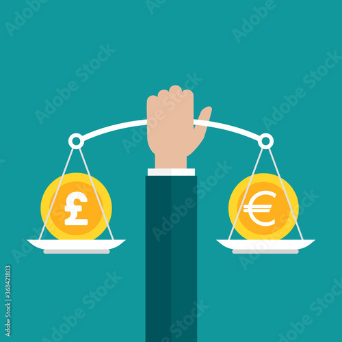 Businessman hand holds mechanical scales with dollar and pound sterling coin in pans.