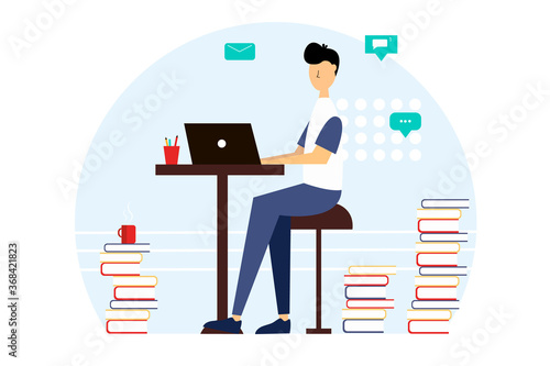Man working in an office. Office work, heavy workload, working late. Vector illustration in flat style.