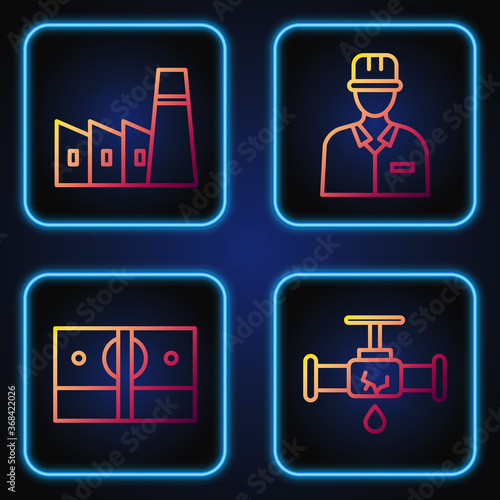 Set line Broken pipe with leaking water, Stacks paper money cash, Oil industrial factory building and Oilman. Gradient color icons. Vector.