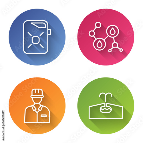 Set line Canister for motor oil, Molecule oil, Oilman and Oilfield. Color circle button. Vector.