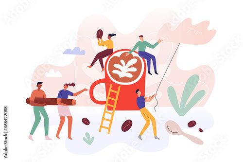 Tiny people team making coffee at coffeehouse, little humans teamwork, men and women, miniature characters carrying coffee beans, making milk foam, vector illustration, poster for cafe, modern concept © Favebrush