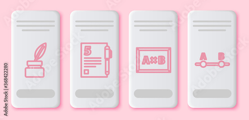Set line Chalkboard, Open book, Calculation and Test or exam sheet. White rectangle button. Vector.