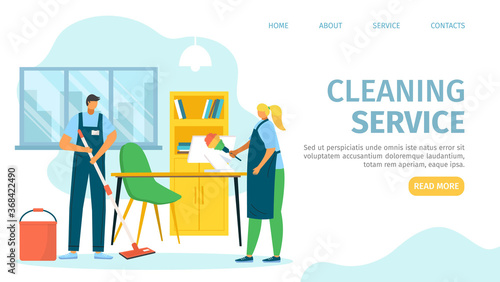 Office cleaning service, people character vector illustration. Woman man work cleaner with equipment, flat professional job website. Business company floor template landing banner concept.