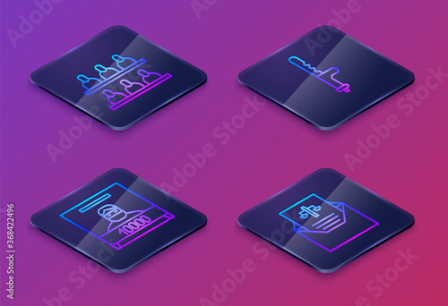 Set Isometric line Jurors, Wanted poster, Police rubber baton and Subpoena. Blue square button. Vector.