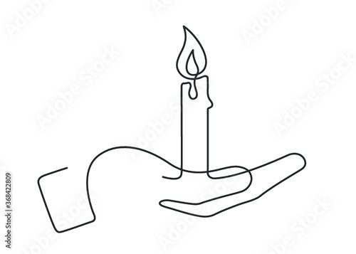 Continuous line drawing of candle in hand. Vector illustration