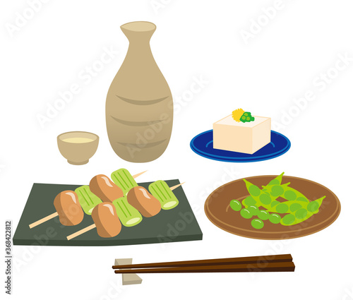 日本酒とおつまみのイラストセット/白背景