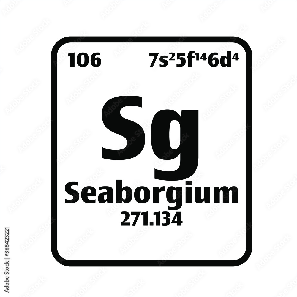 Seaborgium (Sg) button on black and white background on the periodic table of elements with atomic number or a chemistry science concept or experiment. Seaborgium (Sg) button on black and white background on the periodic table of elements with atomic number or a chemistry science concept or experiment.