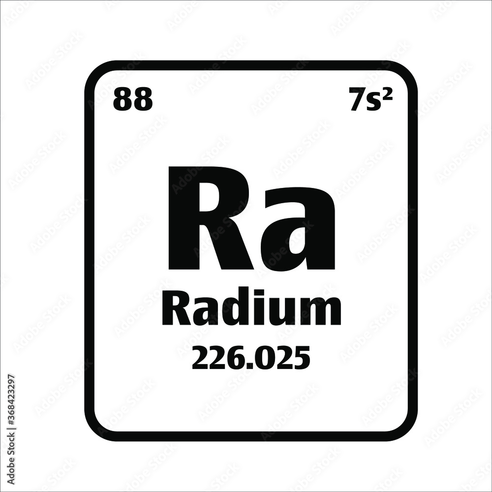 Radium (Ra) button on black and white background on the periodic table of elements with atomic number or a chemistry science concept or experiment.	