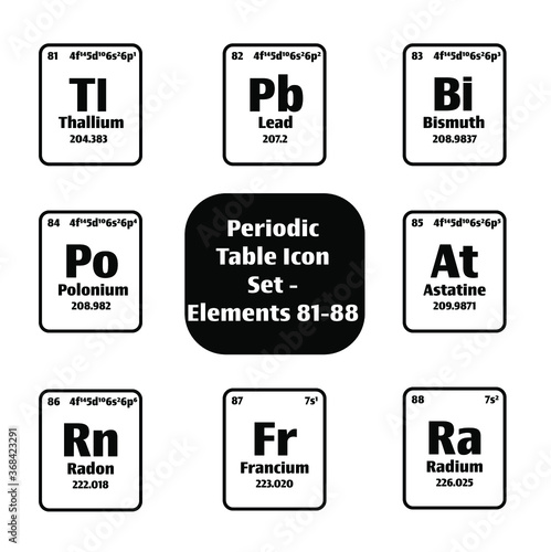 Periodic Table of Elements Icon button set in black and white Elements atomic number 81-88 for science concepts and experiments.	