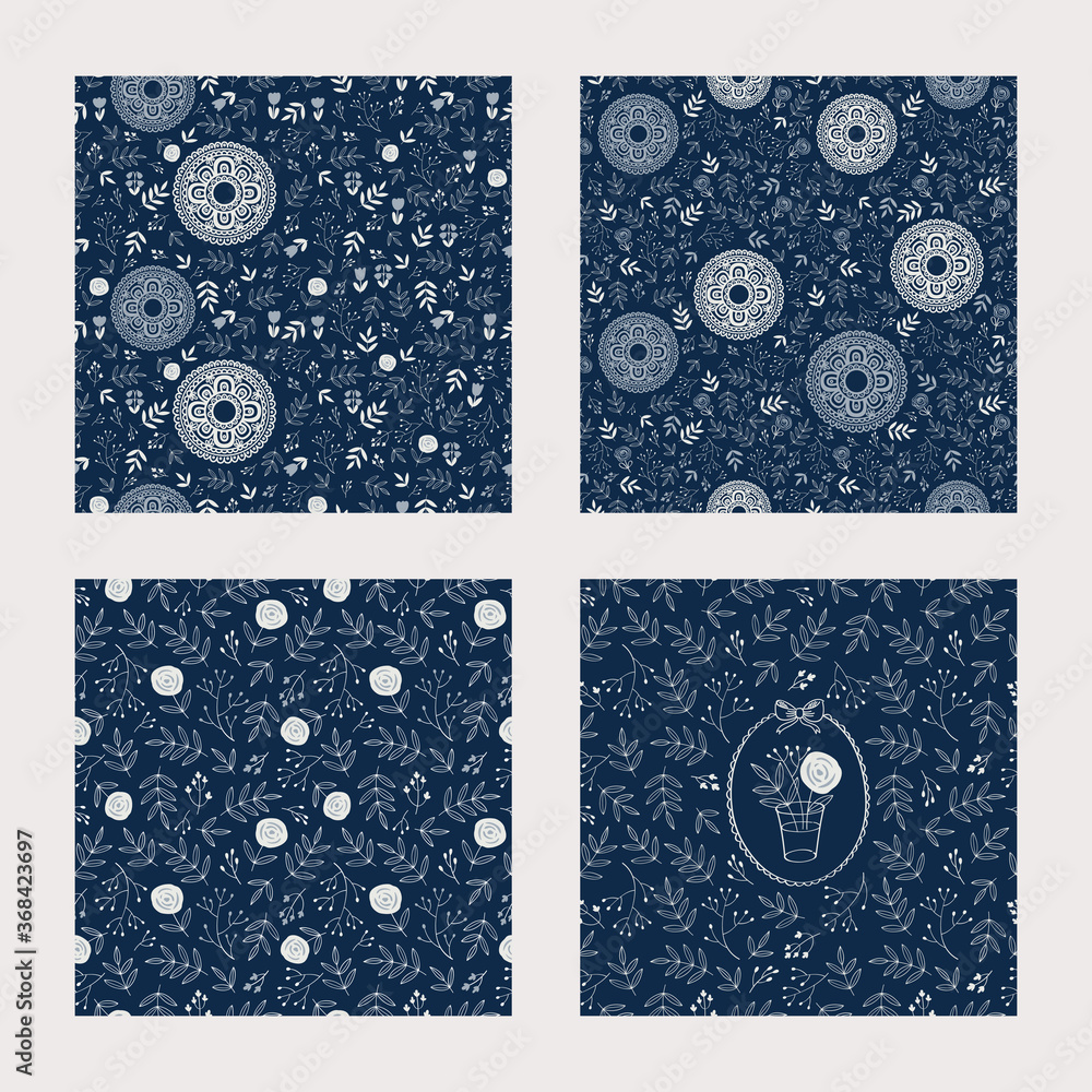Seamless pretty indigo patterns with decorative flowers and leaves