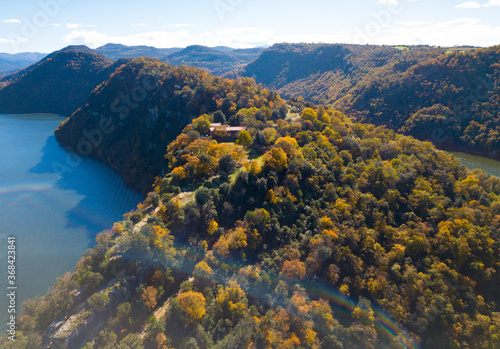 Aerial view from drone of Ter river  Catalonia  at sunny autumn day