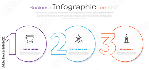 Set line Witch cauldron, Wizard warlock and Burning candle in candlestick. Business infographic template. Vector.