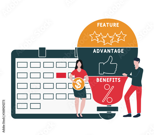Flat design with people. FAB - Feature Advantage Benefits. business concept background. Vector illustration for website banner, marketing materials, business presentation, online advertising.