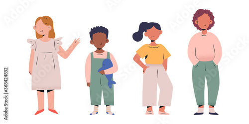 Stylish toddlers collection, little children, boys and girs in modern fashionable clothes standing in a row, faceless isolated cartoon characters, modern vector illustration, good for clothes shop