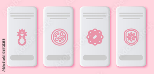 Set line Test tube and flask, Bacteria, Atom and Shield protecting from virus. White rectangle button. Vector.