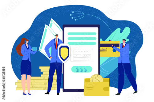 Business digital money online protection, smartphone banking vector illustration. Credit card data with finance concept and mobile payment. People use phone security technology, electronic design.