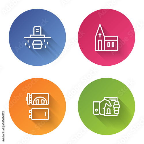 Set line Grave with coffin, Church building, Crematorium and Death certificate hand. Color circle button. Vector.