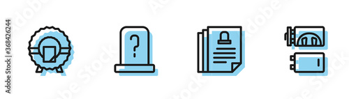 Set line Death certificate, Memorial wreath, Grave with tombstone and Crematorium icon. Vector.