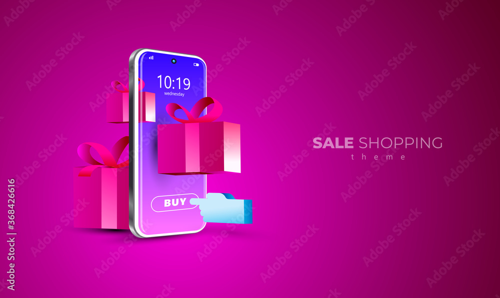 Sale Shopping online internet theme. Mobile display smartphone and box, hand. Red background illustration Sale Shopping online internet theme. Mobile display smartphone and box, hand. Red background illustration