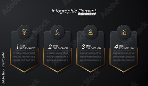 Dark gold elegant infographic 3d vector template with a steps for success. Presentation with line elements icons. Business concept design can be used for web, brochure, diagram, chart or banner layout