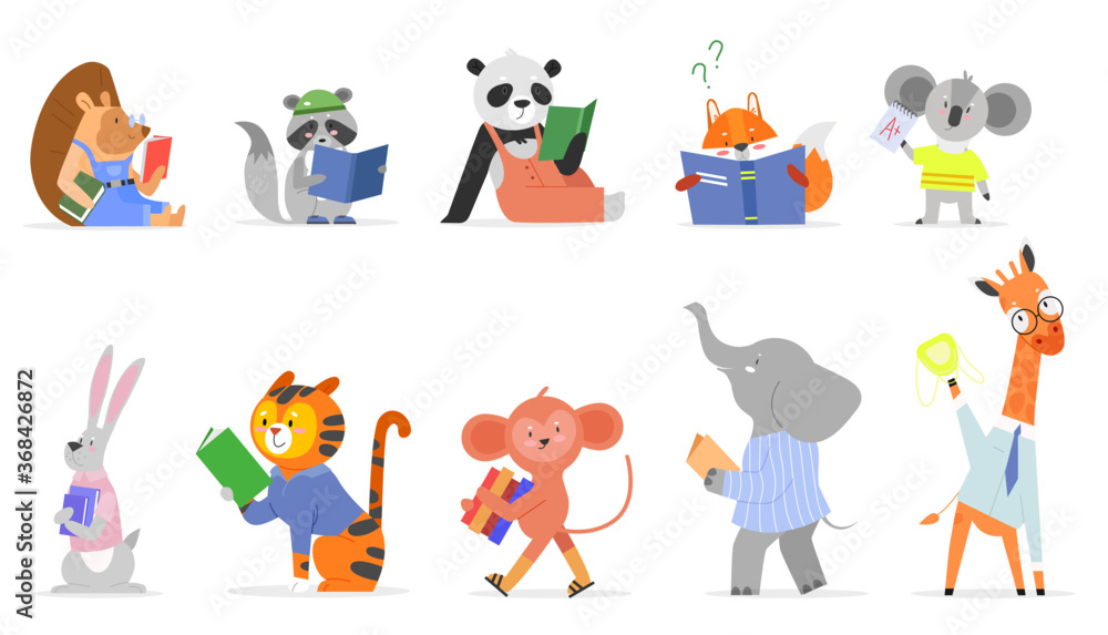Animals read, study vector illustration set. Cartoon flat smart animal kid  studying, forest or zoo character reading textbook or story book, cute  squirrel giraffe elephant in school isolated on white Stock Vector |