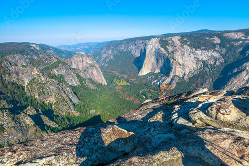 Taft Point lookout in Yosemite National Park, California, United States. View of Half Dome, Liberty Cap, Yosemite Valley, Vernal Fall, and Nevada Fall.