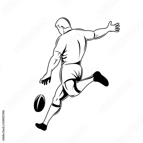 Rugby Player or Kicker Drop Kicking the Ball Viewed from Side Retro Woodcut Black and White